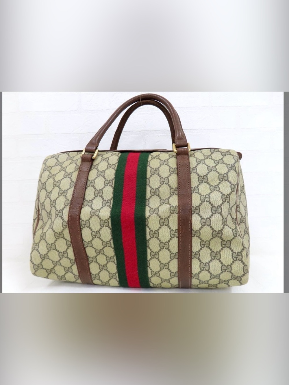 Gucci Beige GG Supreme Duffel with Brown Leather and Red-Green Web